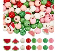 SOFPLATE 150Pcs 8 Styles Watermelon Wood Beads Wooden Fruit Beads Bulk Round Loose Bulk Colorful Assorted shape Summer Spacers for Jewellery Making Findings DIY Crafts DIY Bracelet Necklace Home Decor