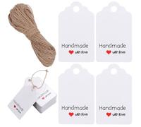 SOFPLATE 150Pcs Handmade with Love Tags Heart Gift Tag Bulk 5 x 3cm White Writable Paper Present Tags with 20M Jute Cord Love Hearts Cards for Valentines Present Party Favors Wedding Christmas Holiday