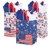 SOFPLATE 15Pcs 4th of July Bags American Flag Party Bags with 18Pcs Tissue Paper Independence Patriotic Star Handle Rectangle Wrapping Gift Tote Pouch for Veterans Memorial Party Favors Packaging