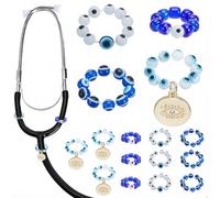 SOFPLATE 16Pcs 4 Styles Stethoscope Charms Evil Eye Good Luck Stethoscope Name Tag Glass Blue Turkish Eye Eyeball Beads Custom Name Tags Decoration for Nurses Doctor Healthcare Workers Supplies Gift