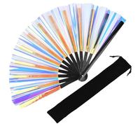 SOFPLATE 1Pc Large Clack Hand Rave Fan Foldable Holographic Fan Laser Silver Folding Bamboo Handheld Clacking with Velvet Bag 13.58In Closed 25.59In Open for EDM Festival Party Pride Dance Drag Queen