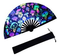 SOFPLATE 1Pc Large Neon Rave Fan Folding Hand Fan Bamboo Handheld with Bag Mushroom Fluorescent Clack for Music Festival Carnival Glow Party Line Dance Disco Rainbow Outfit 13.6In Closed 25.2In Open