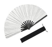 SOFPLATE 1Pc Silver Glitter Folding Fan Bamboo Hand Fans Foldable Large Clack Hand Rave Handheld with Velvet Pouch 13.58" Closed 25.59" Open for EDM Festival Party Pride Dance Drag Queen Beach Summer