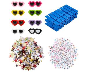SOFPLATE 2 Box 400Pcs 60 Sets Cheer Pins Spirit Clips Clothes Pins Cheer Craft Kit with Wood Spirit Clips Letter Beads Eyeglass Resin Bear Charms Star Sequins for Cheerleading Party Gifts DIY Decor