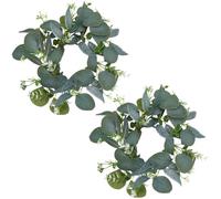 SOFPLATE 2 Pcs 12 Inch Green Eucalyptus Wreaths Farmhouse Wreath with White Floral Small Artificial Leaves Candle Rings Spring Summer Christmas Garland for Kitchen Cabinet Dining Chairs Tabletop Decor