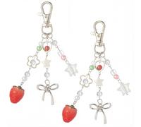 SOFPLATE 2 Pcs Strawberry Bag Charm Strawberry Keychains Bulk Silver Alloy Swivel Clasp Resin Fruit Bowknot Star Flower Sweet Cute Handbag Charms for Purse Backpack Keychain Crafts Birthday Gifts