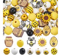 SOFPLATE 200Pcs 12 Styles Bee Bead Wood Honeycomb Beads Bulk Honey Jar Spring Summer Yellow Flower Rustic Farmhouse Bee Craft Loose Wooden Beads for Bracelet Beading Necklaces Home Decor DIY Crafts