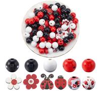 SOFPLATE 200Pcs Ladybug Wood Beads Red Black White Wooden Beads 16mm Colorful Spring Cute Ladybird Flower Painted Farmhouse Wooden Beads for jewellery Garland Making Supplies Craft Bracelet Necklace
