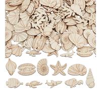 SOFPLATE 200Pcs Random Style Unfinished Ocean Wooden Cutouts Sea Wood Cutouts Bulk Mini Starfish Shells Fish Seahorses Coral Shapes Summer Wood Animal Pieces for DIY Crafts Home Classroom Decorations