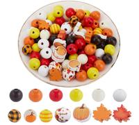 SOFPLATE 204Pcs Thanksgiving Wooden Beads Fall Wood Bead Bulk Halloween Rustic Farmhouse Orange Autumn Round Maple Leaf Pumpkin Shape Plaid Beads for Garland Beading jewellery Making Home Party Decor