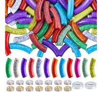 SOFPLATE 240Pcs Bamboo Tube Beads Acrylic Tube Bead with 2 Rolls Thread Opaque Colorful Noodle Brass Rhinestone Curved Loose Spacer Bead Kit for Jewelry Making Bracelets Necklaces Lanyard DIY Crafts