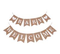 SOFPLATE 2Pcs 1 Set Welcome Sign Banner Linen Flag Banner White Word Letter No DIY Rustic Bunting Flags Fabric 2.8mm Birth Signs Hanging Banners for Wall Decor Gender Reveal Party Photo Backdrop