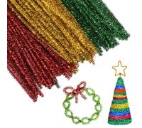 SOFPLATE 3 Colors 100Pcs Chenille Pipe Cleaners Colorful Pipe Cleaners Bulk Green Gold Red Glitter Reusable Fuzzy Sticks for DIY Craft Creative Projects Gift Christmas Birthday Party Decorations