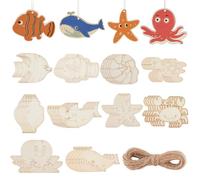 SOFPLATE 30Pcs 10 Styles Unfinished Wooden Fish Cutouts Ocean Wood Cutouts Summer Beach Sea Animals Shark Whale Turtle Blank Hanging Ornaments Sets for DIY Painting Project Party Tree Art Decoration