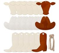 SOFPLATE 30Pcs 3 Styles Wood Cowboy Hat Western Wooden Cutouts with 30Pcs Rope Boot Cattle Farm Animal BurlyWood Unfinished Blank Hanging Ornaments Tags for DIY Painting Project Party Tree Art Decor