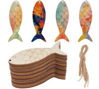 SOFPLATE 30Pcs Fish Wood Ornaments Unfinished Wooden Cutouts with 30Pcs Hemp Ropes Blank Hanging Old Lace Ocean Sea Life Animal Craft Pieces Slices for DIY Making Project Party Tree Art Decoration