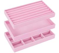 SOFPLATE 3Pcs 3 Styles Pink Velvet Jewellery Organizer Trays Stackable Jewellery Drawer Inserts Customizable Organizer Trays for Ring Earring Holder Necklace Bracelet Storage Display Dish Women Adults