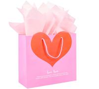 SOFPLATE 4.76 x 12.01 x 11.22 Inch Present Bag and Tissue Paper Pink Heart Gift Bags with Handles Large Romantic Valentines Packaging for Gifts Wrapping Wedding Anniversary Celebration Mother's Day
