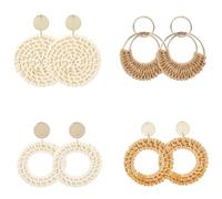 SOFPLATE 4 Pairs 4 Styles Bohemian Round Earrings Dangle Earrings Boho Large Half Ring Circle Geometric Woven Rattan Ear Studs Tropical Eardrop for Women Summer Holiday Beach Party Jewellery Supplies