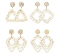 SOFPLATE 4 Pairs 4 Styles Rattan Earrings Bulk Dangle Boho Earrings Large Rhombu Triangle Woven Tropical Bohemian Eardrop Accessories Straw Wicker Ear Studs for Women Summer Beach Party Supplies