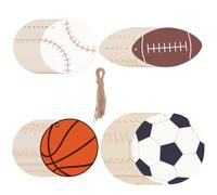 SOFPLATE 40 Set 4 Styles Wood Sports Cutouts Unfinished Wood Crafts Football 40Pcs Ball Slices 40Pcs Twines Baseball Basketball Wooden Hanging Ornaments for DIY Project Sport Themed Party Decorations