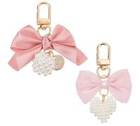SOFPLATE 4Pcs 2 Styles Pearl Bow Shoe Charms Pink Bow Keychain Polyester Velvet Bowknot Tie Heart Cube Pearl Alloy Key Chains Decoration for DIY Shoes Car Keys Bags Handbags Purses Wristlet Women