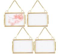 SOFPLATE 4Pcs 3.4 Inch Pressed Flowers Frame Bulk Glass Floating Frames Mini Gold Vintage DIY Double Clear Glass Floating Artwork Display with Metal Chain for Dried Plant Specimen Picture Wall Decor