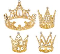 SOFPLATE 4Pcs 4 Styles Golden Crown Cupcake Topper Flower Bouquets Kit Mixed Small Alloy Royal Princess Queen Plastic Peal Rhinestone Tiara for Cake Topper Wedding Birthday Anniversary Party Decor
