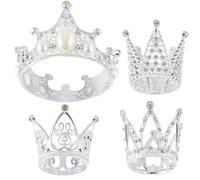SOFPLATE 4Pcs 4 Styles Silver Crown Cake Mini Crown Bulk Small Alloy Valentines Vintage Wedding Party Plastic Pearl Crystal Birthday Cake Toppers for Women Flower Bouquet Decoration Hair Ornaments