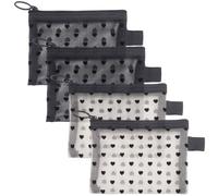 SOFPLATE 4Pcs 4 x 5.2 Inch Small Make Up Bag for Handbag Mesh Zipper Pouch Bags Black with Hearts Cosmetic Case Mini Nylon Makeup Pouch Organizer for Daily Toiletries Beauty Purse Travel Home Office
