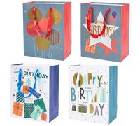 SOFPLATE 4Pcs 7 x 4 x 9 Inch Happy Birthday Bags Colorful Paper Bags with Handles Tissue Stars Balloon Heavy Duty Rectangle Wrap Present Gift Shopping Paper for Party Favors Gifts Packaging Decoration