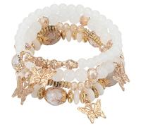 SOFPLATE 4Pcs Bohemian Beaded Bracelet Sets Butterfly Crystal Stone Pendant Stackable Stretch Bracelet White Stack Beads Boho Bracelet Colorful Charm Jewelry for Summer Beach Party Supplies Women