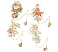 SOFPLATE 4Pcs Chinese Metal Bookmarks Vintage Book Marks with Gold Chain Pendant Mountains and Seas Sacred Beasts Dragon Phoenix Deer Horse Hollow Design Retro Page Markers for Adult Reading Lovers