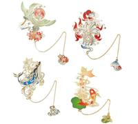 SOFPLATE 4Pcs Chinese Style Book Mark Vintage Metal Bookmarks with Gold Chain Pendant Hollow Design Mountains and Seas Sacred Beasts Retro Lucky Cultural Page Markers for Adult Reading Lovers Women