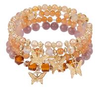 SOFPLATE 4Pcs Gold Beaded Boho Bracelet Sets Bohemian Stackable Stretch Bracelet Butterfly Crystal Stone Pendant Stack Beads Bracelet Colorful Charms Jewelry for Summer Beach Party Supplies Women