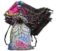 SOFPLATE 50Pcs Mini Halloween Candy Bags Gauze Bags Drawstring Small Holiday Black Cloth Purple Animal Web Print Sheer Organza Jewelry Pouches Festival Mesh Gift Packaging for Christmas Birthday Party