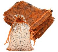 SOFPLATE 50Pcs Mini Halloween Treat Bags Organza Gift Bag Small Holiday Orange Black Animal Web Print Sheer Mesh Jewelry Pouches Goodie Candy Rectangle Gift Packaging for Birthday Party Favor Supplies