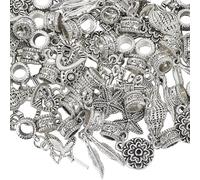 SOFPLATE 50Pcs Tibetan Silver Spacer Beads European Metal Beads Bulk Antique Starfish Heart Buddha's Hand Elephant Conch Charms with Bail Beads for Bracelet Earrings Necklace Jewellery Making Findings
