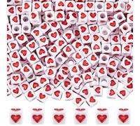 SOFPLATE 600Pcs Heart Cube Beads Bulk Square Acrylic Bead 7x7mm White Red Love Heart 4mm Large Hole Plastic Pony Beads for Bracelets Making Necklaces Keychains Valentine's Day Jewellery DIY Supplies