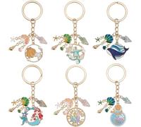SOFPLATE 6Pcs 6 Styles Ocean Themed Keychains Sea Shell Keychain Summer Large Alloy Enamel Beach Mermaid Whale Jellyfish Coral Sparkling Charm Key Ring Starfish Keychains for Women Handbags Backpack