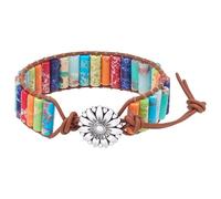 SOFPLATE 7 Chakra Bracelet for Women Boho Natural Turquoise Beaded Leather Wrap Bracelet Adjustable Cowhide Rope with Round Alloy Flower Daisy Buckle Bohemian Friendship Jewelry Gift for Women Men
