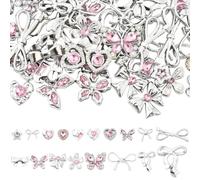 SOFPLATE 72Pcs 18 Styles Heart Resin Cabochon Aesthetic Flatback Charms Silver Colorful Butterfly Bowknot Flower Faceted Pink Diamond 3D Embellishments for Jewelry Hair Clips Phone Cases Shoe Crafts