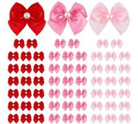 SOFPLATE 72Pcs 3 Colors Mini Satin Ribbon Bow Tiny Satin Bows with Pearl Red Pink Small Pastel Rainbow Bowknot for Gift Wrapping Scrapbooking Wedding Christmas Decoration DIY Hairpins Crafts 2.5 x 1In