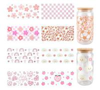 SOFPLATE 8Pcs 8 Styles Pink Cup Wrap UV DTF Cups Wraps Bulk Transparent Plastic Flower Peach Cloud Heart Rainbow Football Waterproof Decals Stickers for Glass Tumblers Wood Decoration DIY Crafts