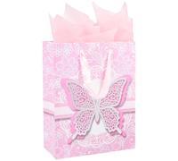 SOFPLATE 9.8 x 12.6 Inch Butterflies Birthday Bags Present Bags Assorted with Handle Tissue Pink Printed Insect Animal Rectangle Wrapping Storage Paper for DIY Party Favor Gifts Presents Packaging