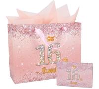 SOFPLATE Large Pink Gift Bags with Handles 16th Birthday Bag Present with Tissue Paper Sweet Sixteen gift Tote Crown Sequin Pattern Wrapping Totes for Party Goodie Favors Packaging Decoration Supplies