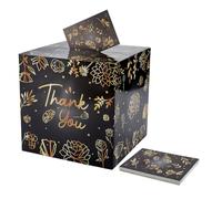 SOFPLATE Thank You Card Box Black Raffle Ticket Box with 20Pcs Cards 8.7x8.7x8.7 Inch Gold Flower Pattern Solid Cardboard Ticket Storage for Graduation Wedding Reception Birthday Raffle Party Gift