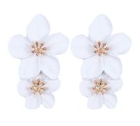 SOFPLATE White Floral Earrings Flower Stud Earrings Matte Alloy Dangle Exaggeration Petal Double Flowers Layered Tiered Boho Blossom Drop Ear Studs for Wedding Chic Jewellery Decor Gift Supplies Women
