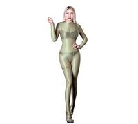 SOFSOT Ultra Sheer Full Bodysuit for Women Long Sleeves Shiny Jumpsuits One-Piece Glossy Catsuit Nylons Full Body Leotard, Tender Green, Medium