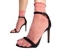 sofsy Silky Tulle Ankle Socks for Women - Italian 20 Den Sheer Pink Polka Dot Nylons | Geometric Cuff, Reinforced Toes | Coral - One Size